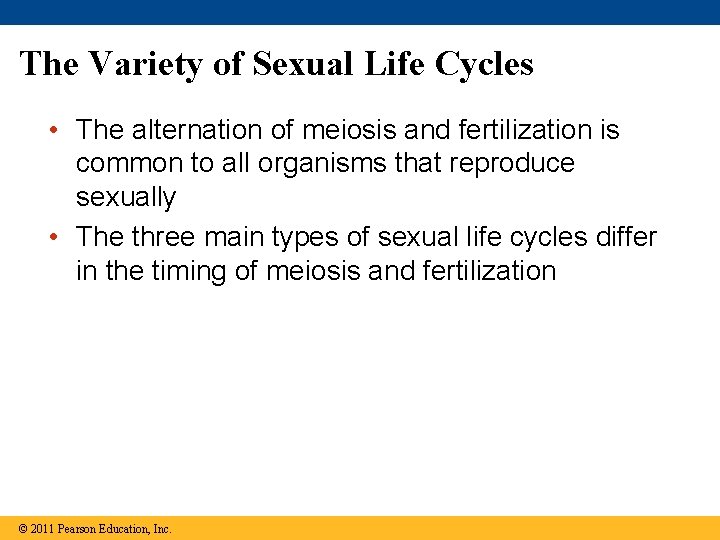 The Variety of Sexual Life Cycles • The alternation of meiosis and fertilization is