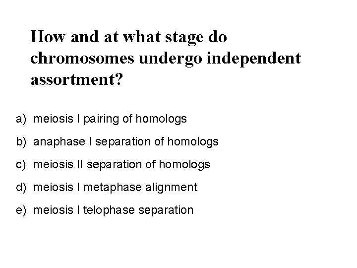 How and at what stage do chromosomes undergo independent assortment? a) meiosis I pairing