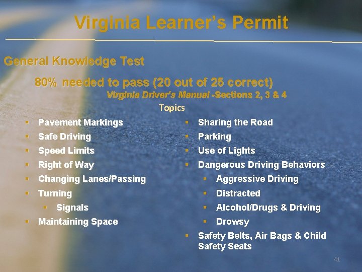 Virginia Learner’s Permit General Knowledge Test 80% needed to pass (20 out of 25