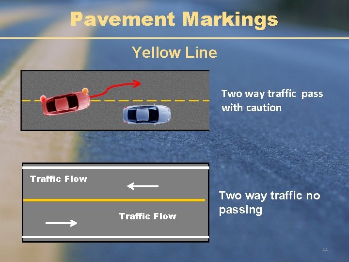 Pavement Markings Yellow Line Two way traffic pass with caution Traffic Flow Two way