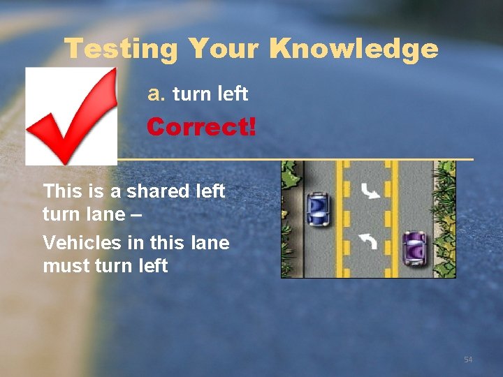 Testing Your Knowledge a. turn left Correct! This is a shared left turn lane