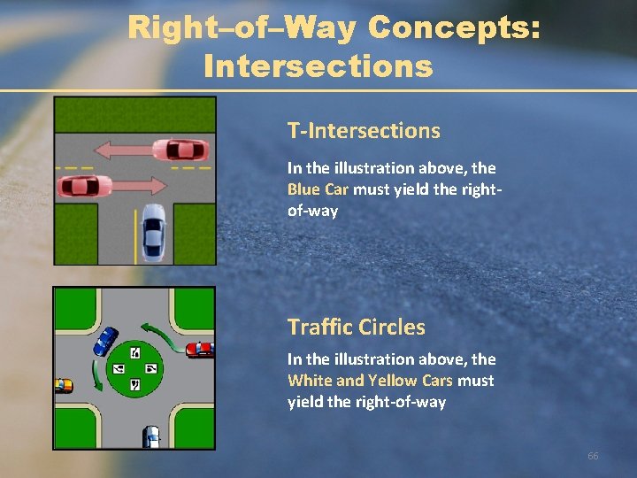 Right–of–Way Concepts: Intersections T-Intersections In the illustration above, the Blue Car must yield the