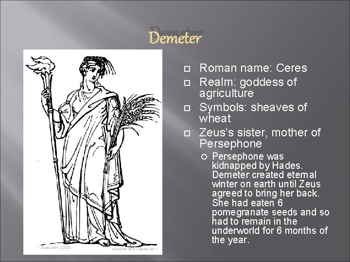 Demeter Roman name: Ceres Realm: goddess of agriculture Symbols: sheaves of wheat Zeus’s sister,