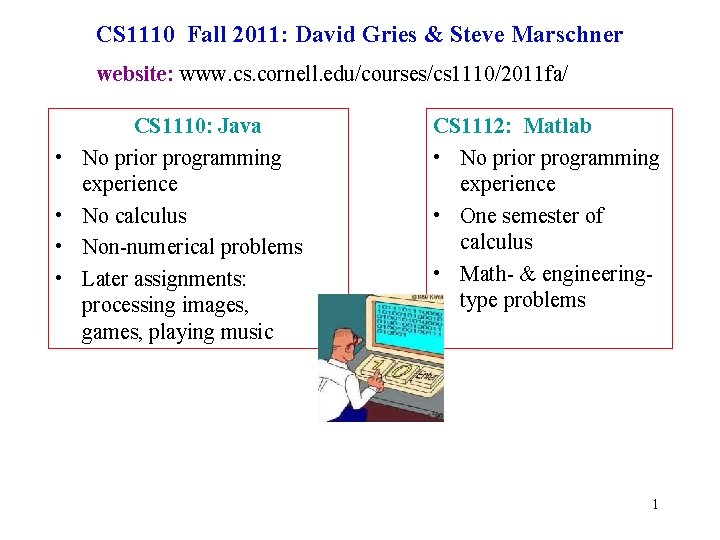 CS 1110 Fall 2011: David Gries & Steve Marschner website: www. cs. cornell. edu/courses/cs