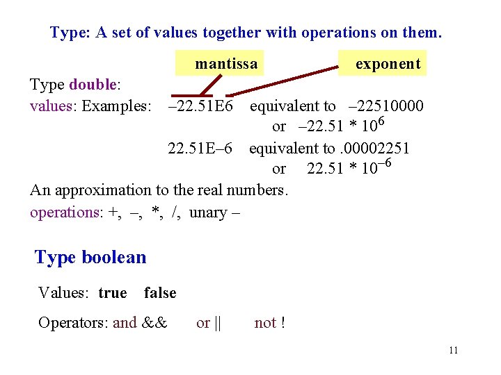 Type: A set of values together with operations on them. mantissa Type double: values:
