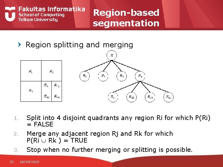 Region-based segmentation Region splitting and merging 1. 2. 3. 23 Split into 4 disjoint