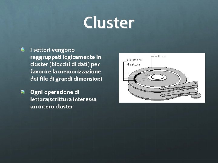 Cluster I settori vengono raggruppati logicamente in cluster (blocchi di dati) per favorire la