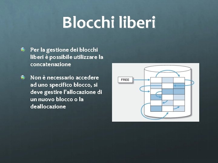 Blocchi liberi Per la gestione dei blocchi liberi è possibile utilizzare la concatenazione Non