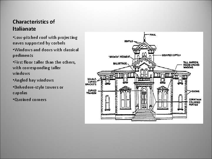 Characteristics of Italianate • Low-pitched roof with projecting eaves supported by corbels • Windows