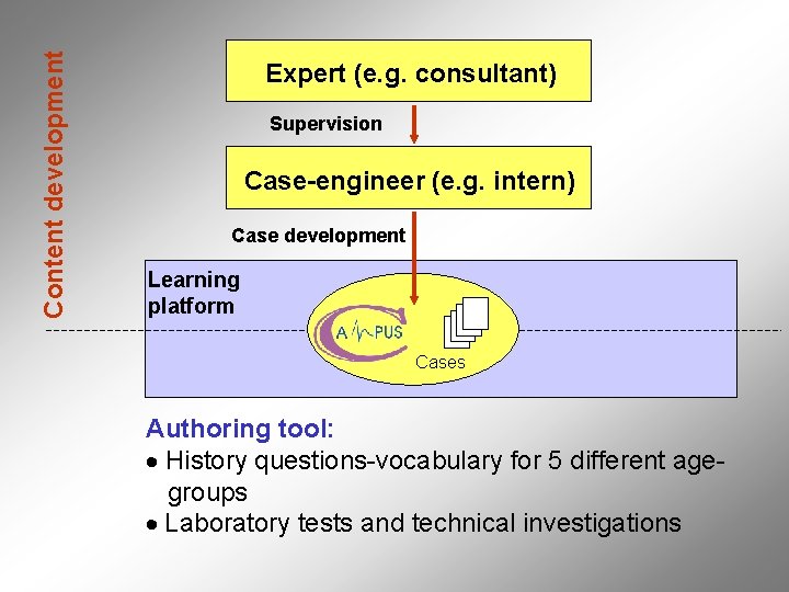 Content development Expert (e. g. consultant) Supervision Case-engineer (e. g. intern) Case development Learning