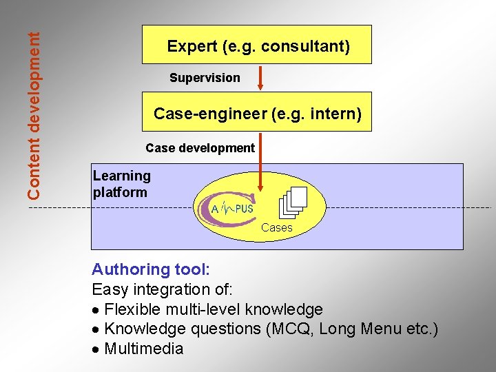 Content development Expert (e. g. consultant) Supervision Case-engineer (e. g. intern) Case development Learning