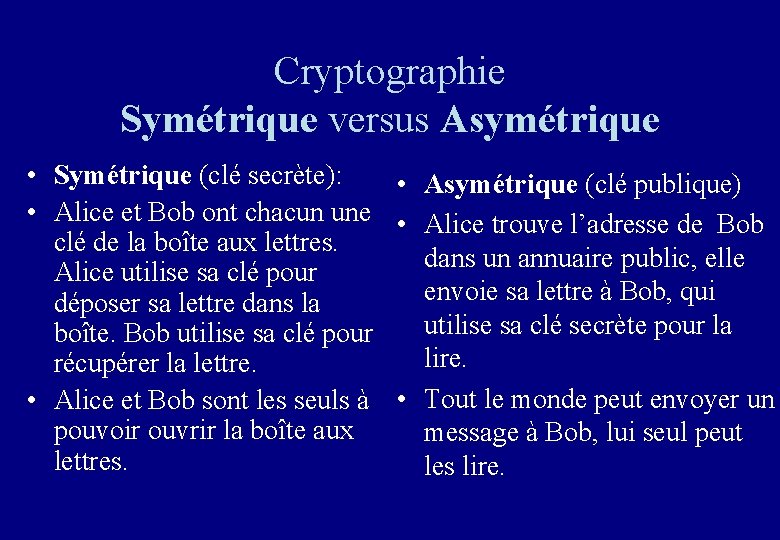 Cryptographie Symétrique versus Asymétrique • Symétrique (clé secrète): • Asymétrique (clé publique) • Alice