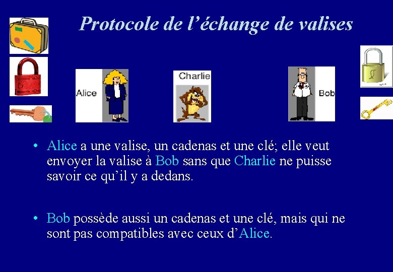 Protocole de l’échange de valises • Alice a une valise, un cadenas et une