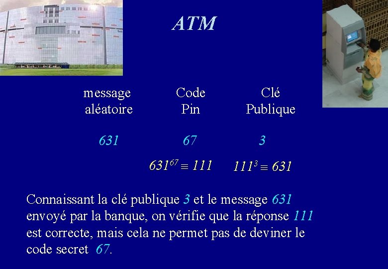 ATM message aléatoire Code Pin 631 67 63167 111 Clé Publique 3 1113 631 ATM message aléatoire Code Pin 631 67 63167 111 Clé Publique 3 1113 631