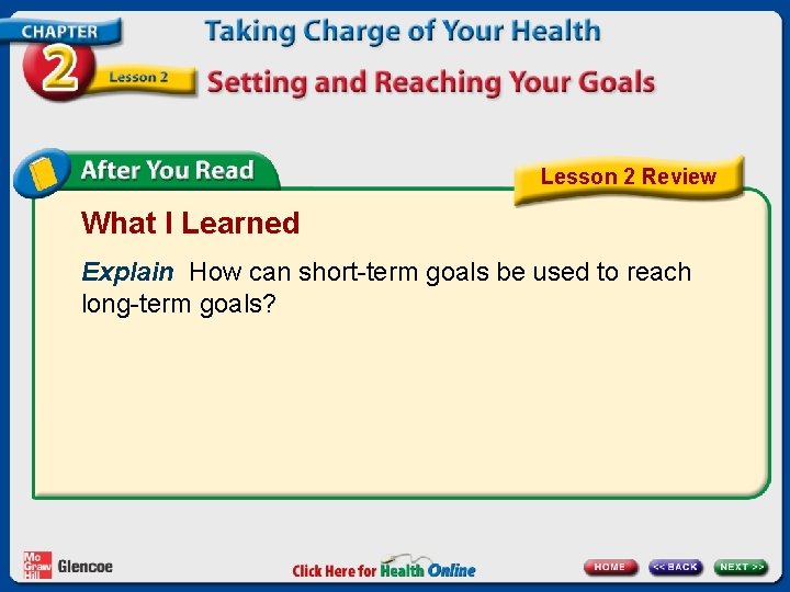 Lesson 2 Review What I Learned Explain How can short-term goals be used to