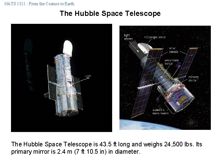 NATS 1311 - From the Cosmos to Earth The Hubble Space Telescope is 43. NATS 1311 - From the Cosmos to Earth The Hubble Space Telescope is 43.