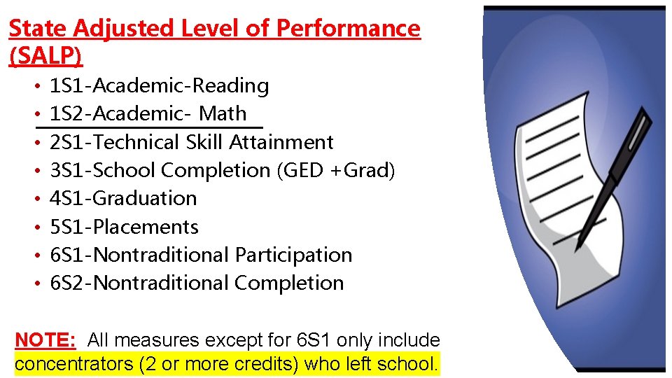 State Adjusted Level of Performance (SALP) • • 1 S 1 -Academic-Reading 1 S