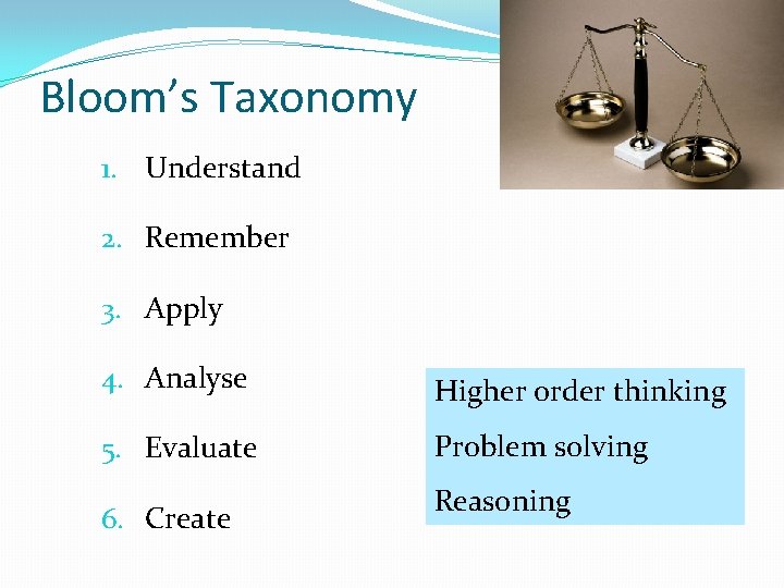 Bloom’s Taxonomy 1. Understand 2. Remember 3. Apply 4. Analyse Higher order thinking 5.