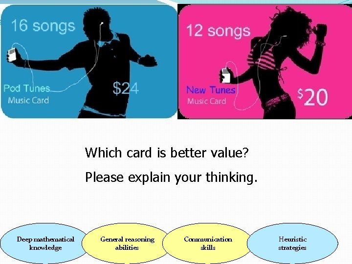 Which card is better value? Please explain your thinking. Deep mathematical knowledge General reasoning