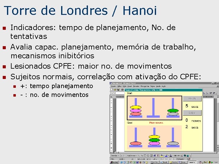 Torre de Londres / Hanoi n n Indicadores: tempo de planejamento, No. de tentativas