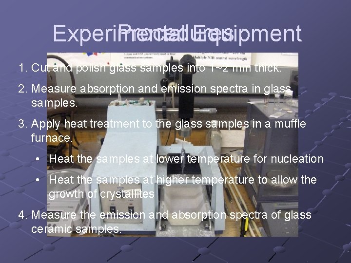 Procedures Experimental Equipment 1. Cut and polish glass samples into 1~2 mm thick. 2.