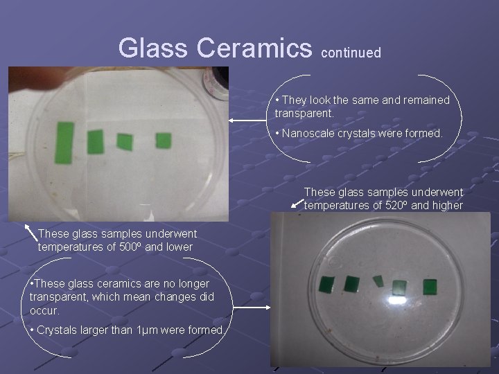 Glass Ceramics continued • They look the same and remained transparent. • Nanoscale crystals