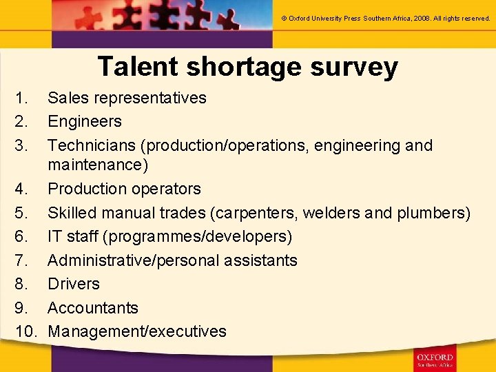 © Oxford University Press Southern Africa, 2008. All rights reserved. Talent shortage survey 1.