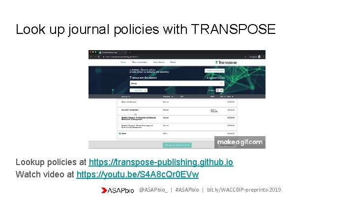 Look up journal policies with TRANSPOSE Lookup policies at https: //transpose-publishing. github. io Watch