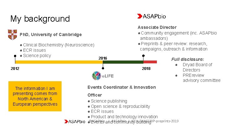 My background Associate Director ● Community engagement (inc. ASAPbio ambassadors) ● Preprints & peer
