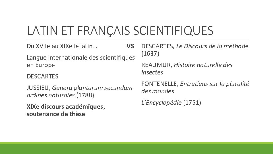 LATIN ET FRANÇAIS SCIENTIFIQUES Du XVIIe au XIXe le latin… VS DESCARTES, Le Discours