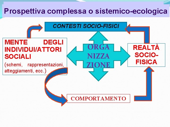 Psicologia dell’organizzazione Prospettiva complessa o sistemico-ecologica CONTESTI SOCIO-FISICI MENTE DEGLI INDIVIDUI/ATTORI SOCIALI (schemi, rappresentazioni,