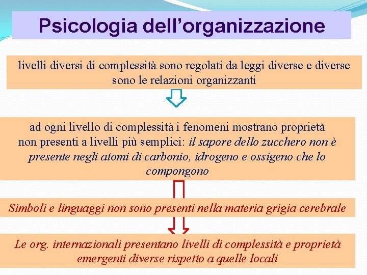 Psicologia dell’organizzazione livelli diversi di complessità sono regolati da leggi diverse e diverse sono Psicologia dell’organizzazione livelli diversi di complessità sono regolati da leggi diverse e diverse sono
