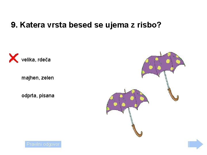 9. Katera vrsta besed se ujema z risbo? velika, rdeča majhen, zelen odprta, pisana