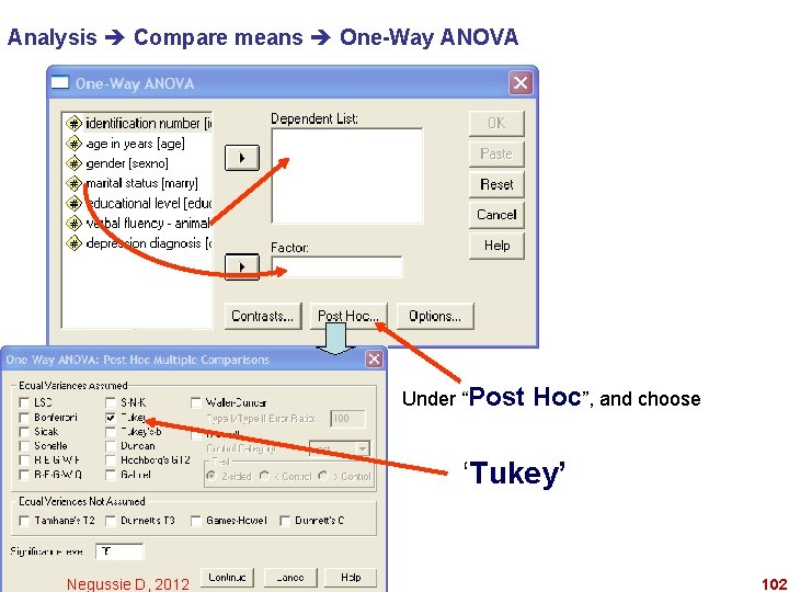 Analysis Compare means One-Way ANOVA Under “Post Hoc”, and choose ‘Tukey’ Negussie D, 2012