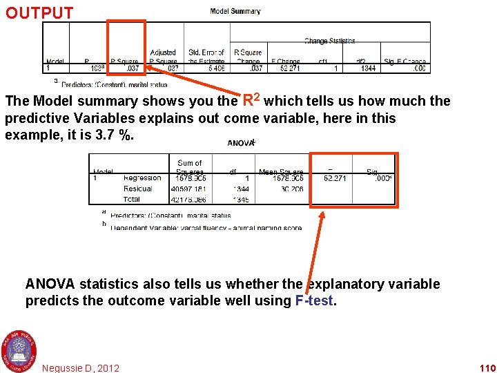 OUTPUT The Model summary shows you the R 2 which tells us how much