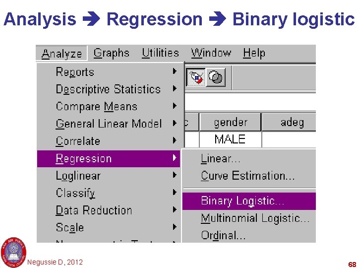 Analysis Regression Binary logistic Negussie D, 2012 68 