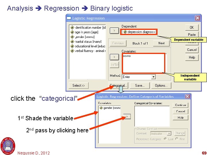 Analysis Regression Binary logistic Dependent variable Independent variable click the “categorical” 1 st Shade