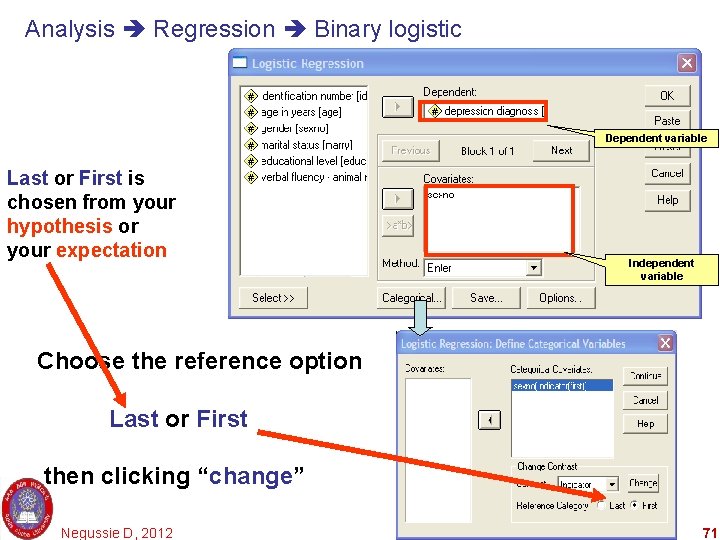 Analysis Regression Binary logistic Dependent variable Last or First is chosen from your hypothesis