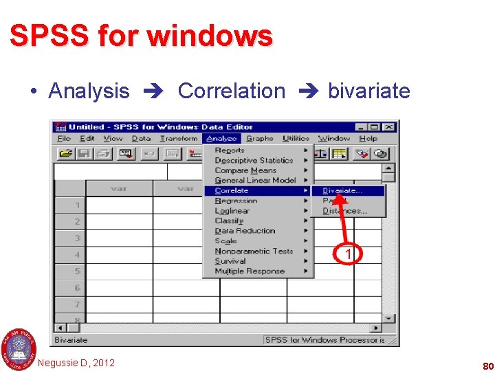 SPSS for windows • Analysis Correlation bivariate Negussie D, 2012 80 