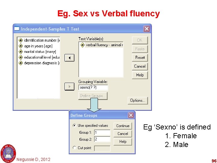 Eg. Sex vs Verbal fluency Eg ‘Sexno’ is defined 1. Female 2. Male Negussie