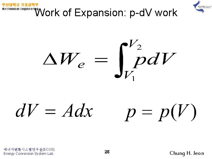 Work of Expansion: p-d. V work 에너지변환시스템연구실(ECOS) Energy Conversion System Lab. 25 Chung H.