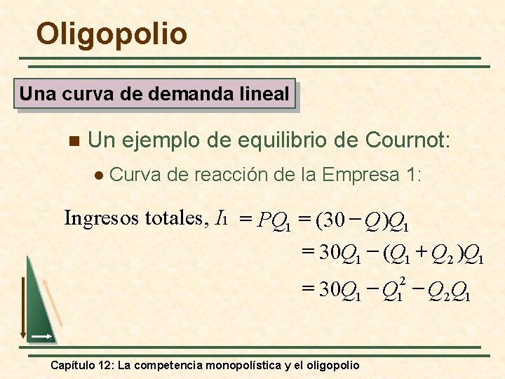Oligopolio Una curva de demanda lineal n Un ejemplo de equilibrio de Cournot: l
