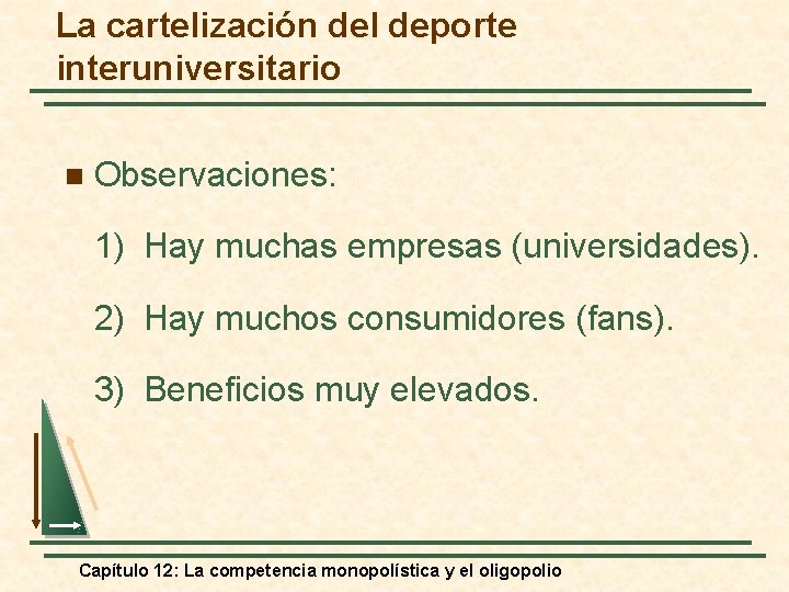 La cartelización del deporte interuniversitario n Observaciones: 1) Hay muchas empresas (universidades). 2) Hay