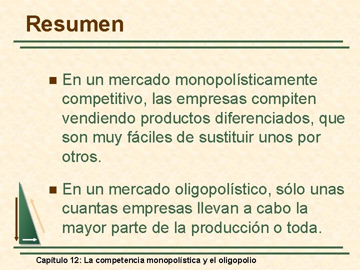 Resumen n En un mercado monopolísticamente competitivo, las empresas compiten vendiendo productos diferenciados, que