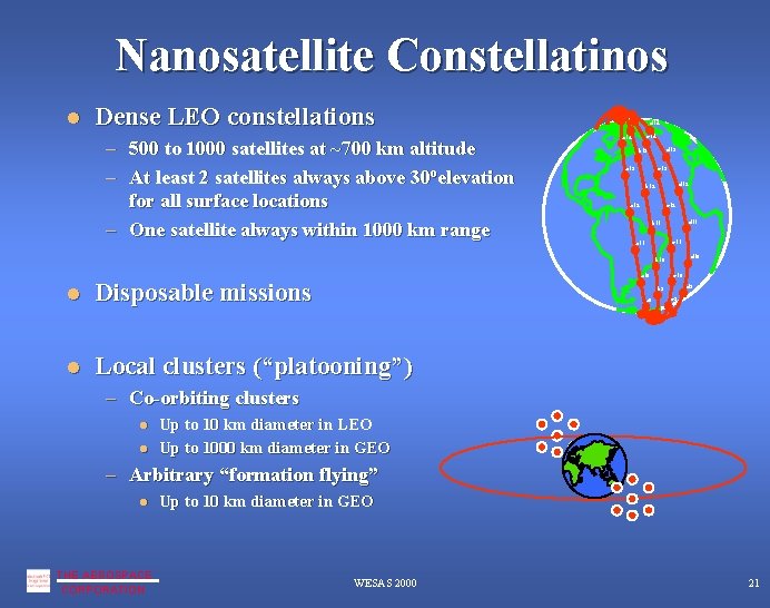 Nanosatellite Constellatinos Dense LEO constellations – 500 to 1000 satellites at ~700 km altitude