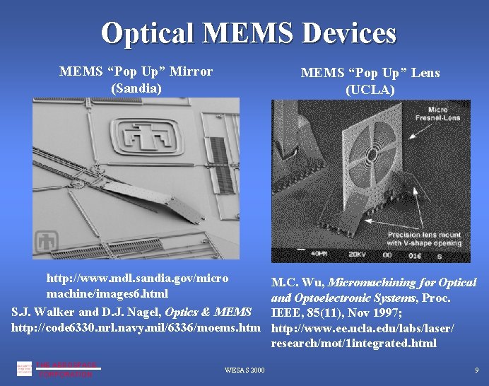 Optical MEMS Devices MEMS “Pop Up” Mirror (Sandia) MEMS “Pop Up” Lens (UCLA) http: