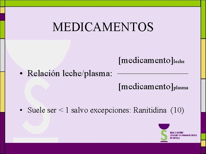 MEDICAMENTOS [medicamento]leche • Relación leche/plasma: [medicamento]plasma • Suele ser < 1 salvo excepciones: Ranitidina