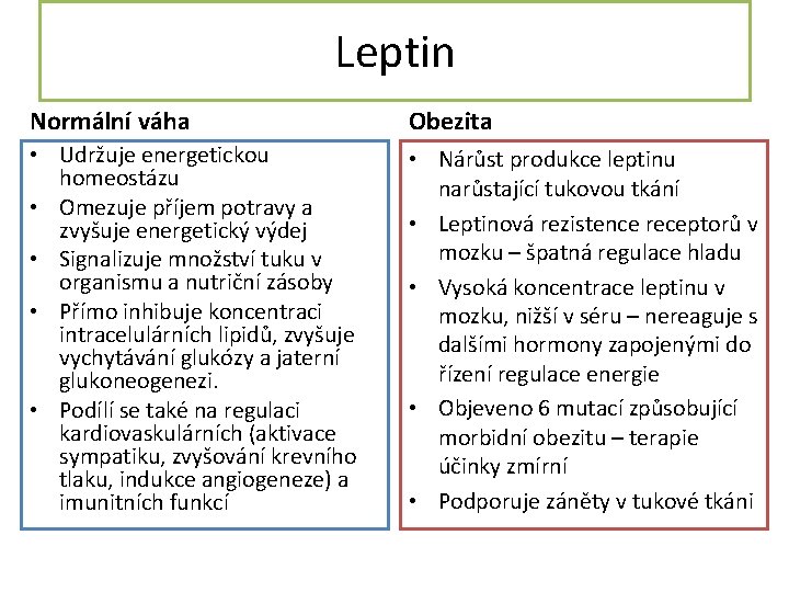 Leptin Normální váha Obezita • Udržuje energetickou homeostázu • Omezuje příjem potravy a zvyšuje