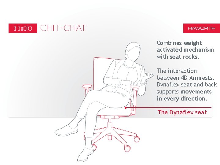 Combines weight activated mechanism with seat rocks. The interaction between 4 D Armrests, Dynaflex