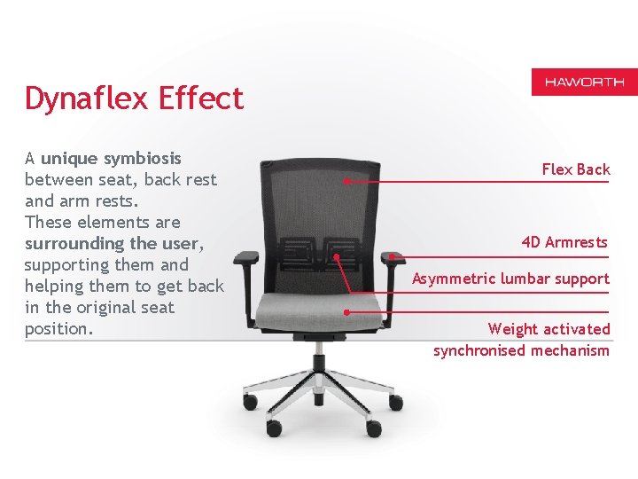 Dynaflex Effect A unique symbiosis between seat, back rest and arm rests. These elements